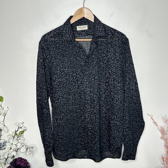 SAINT LAURENT Wool Je T'aime Cursive Script Print Shirt Black Sz 40-15 3/4 {P54} - Picture 2 of 6